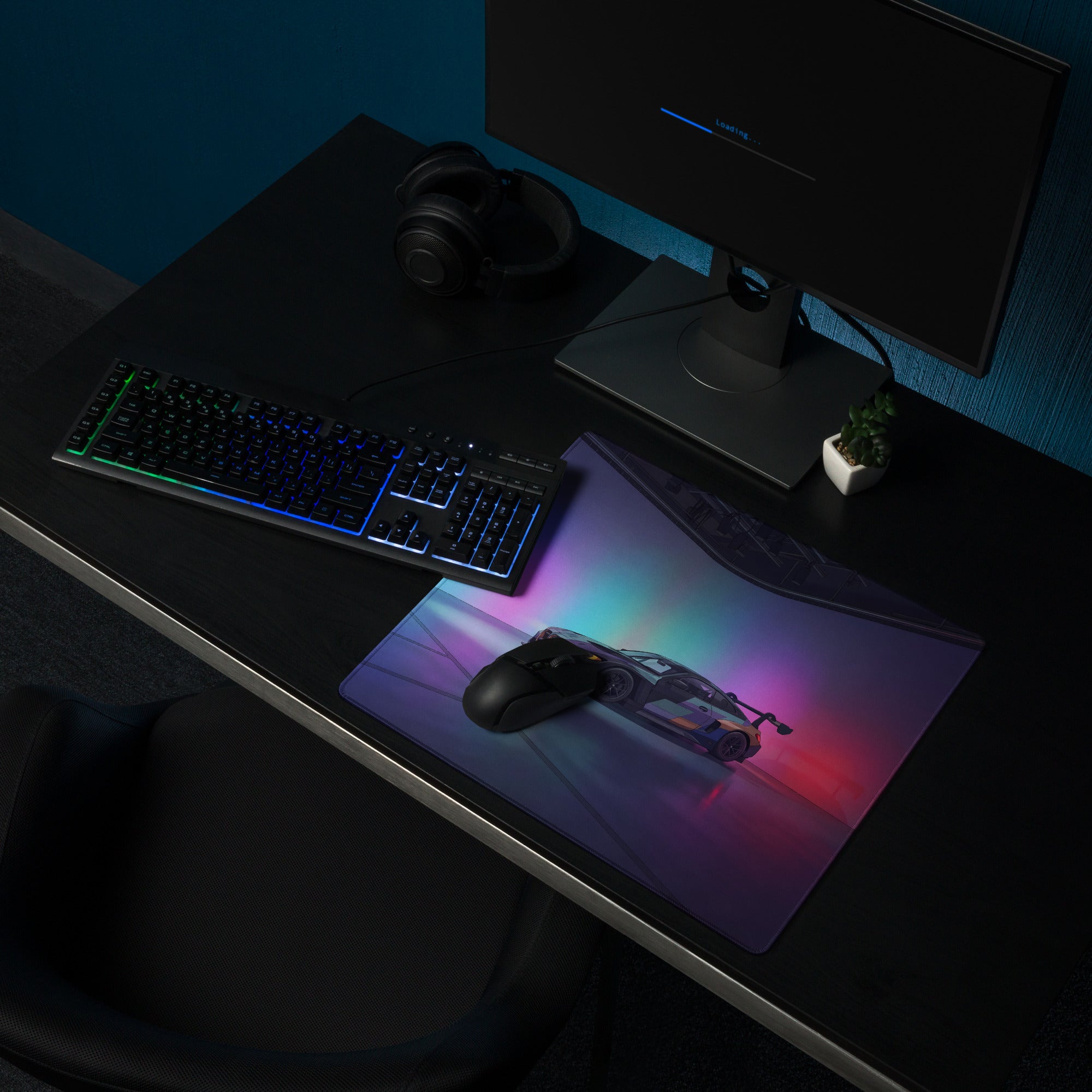 BMW M4 GT3 Inspired Black Blue Vaporwave Gaming Mouse Pad, Neon Race Car Desk Mat with Futuristic Studio Lighting Artwork