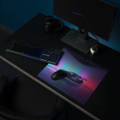 BMW M4 GT3 Inspired Black Blue Vaporwave Gaming Mouse Pad, Neon Race Car Desk Mat with Futuristic Studio Lighting Artwork