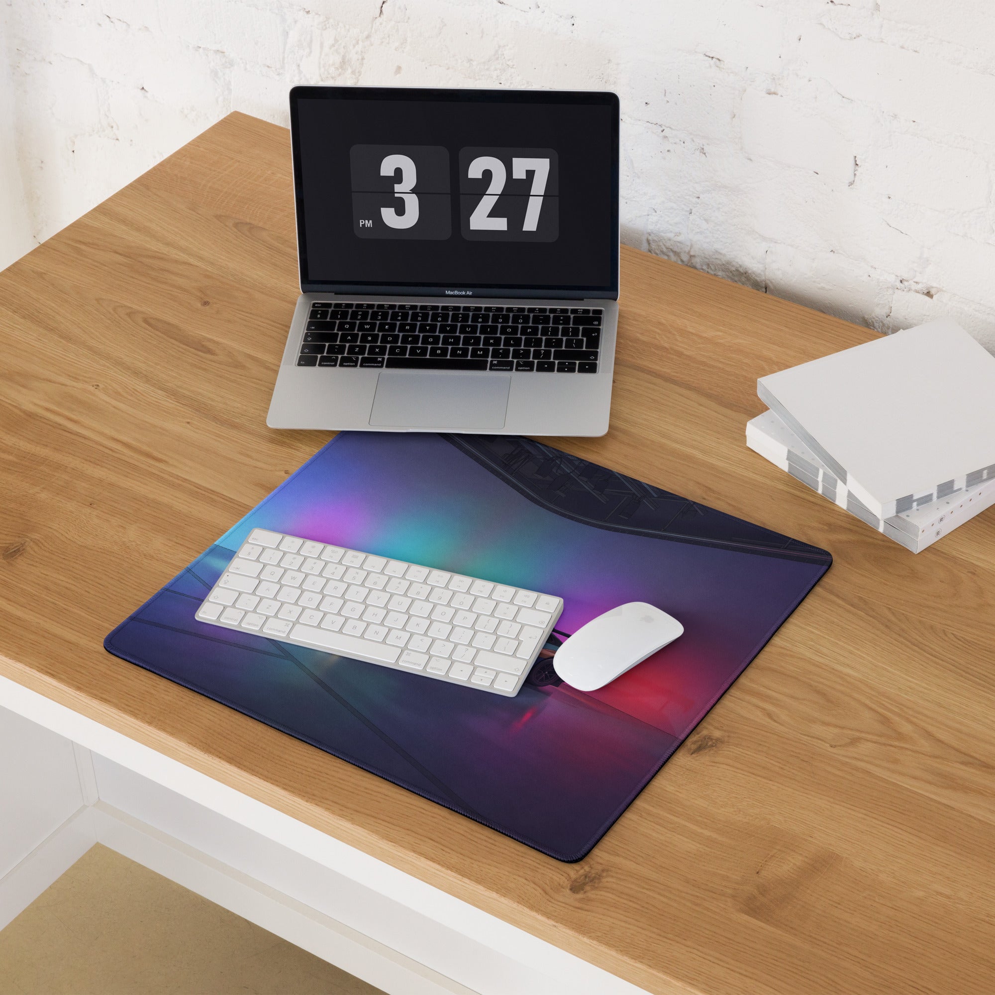 BMW M4 GT3 Inspired Black Blue Vaporwave Gaming Mouse Pad, Neon Race Car Desk Mat with Futuristic Studio Lighting Artwork