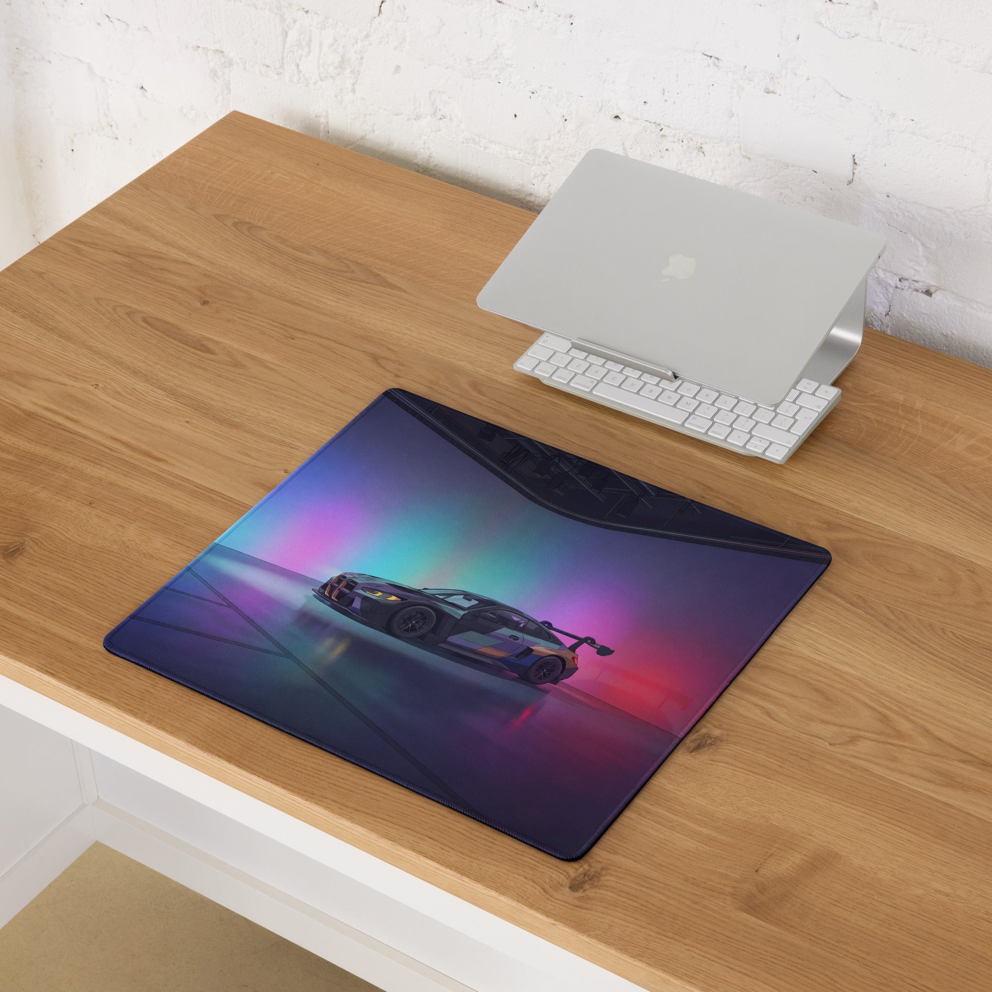 BMW M4 GT3 Inspired Black Blue Vaporwave Gaming Mouse Pad, Neon Race Car Desk Mat with Futuristic Studio Lighting Artwork