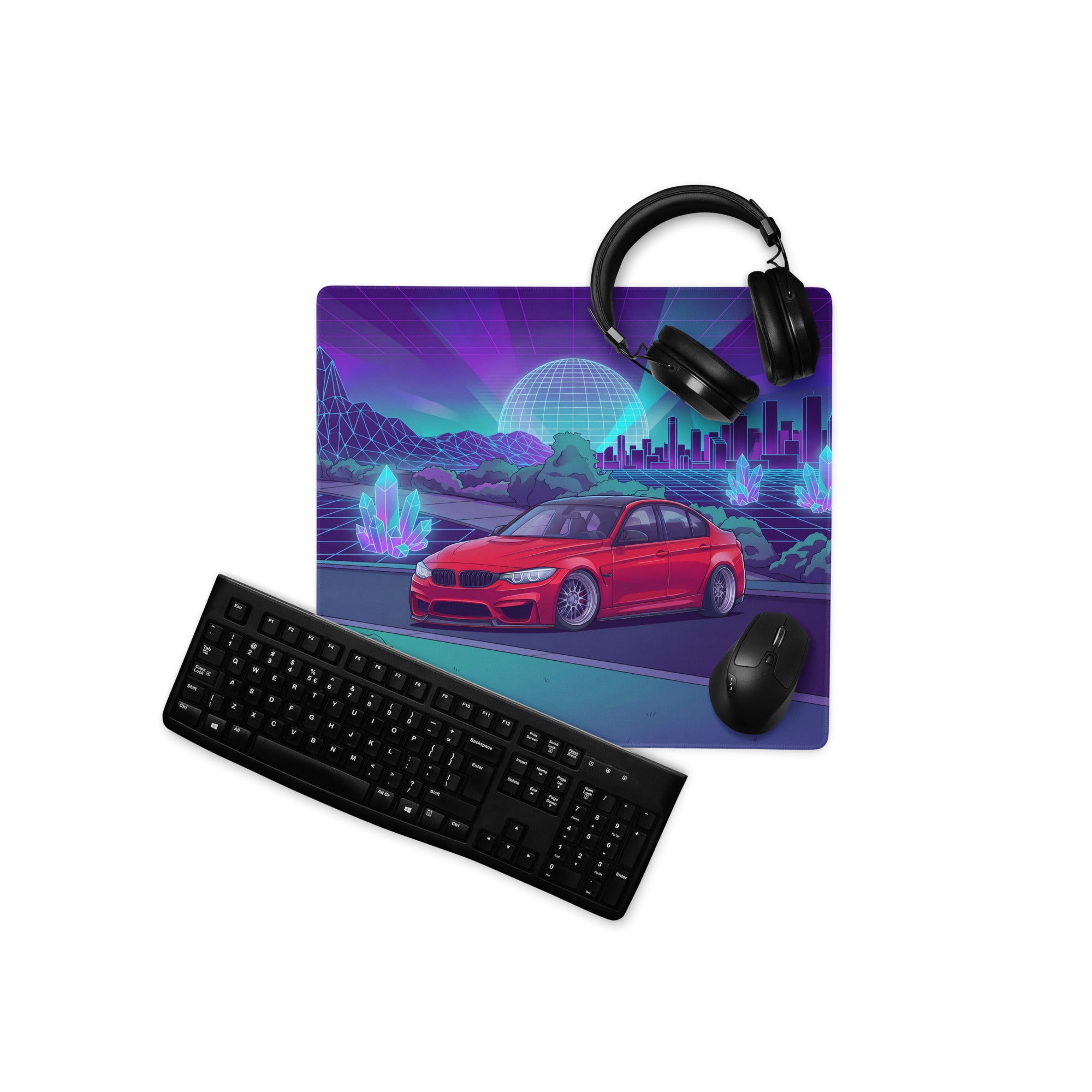 BMW M3 F80 Inspired Red Purple Vaporwave Gaming Mouse Pad, Neon Sports Sedan Desk Mat with Retro Futuristic Crystal City Artwork