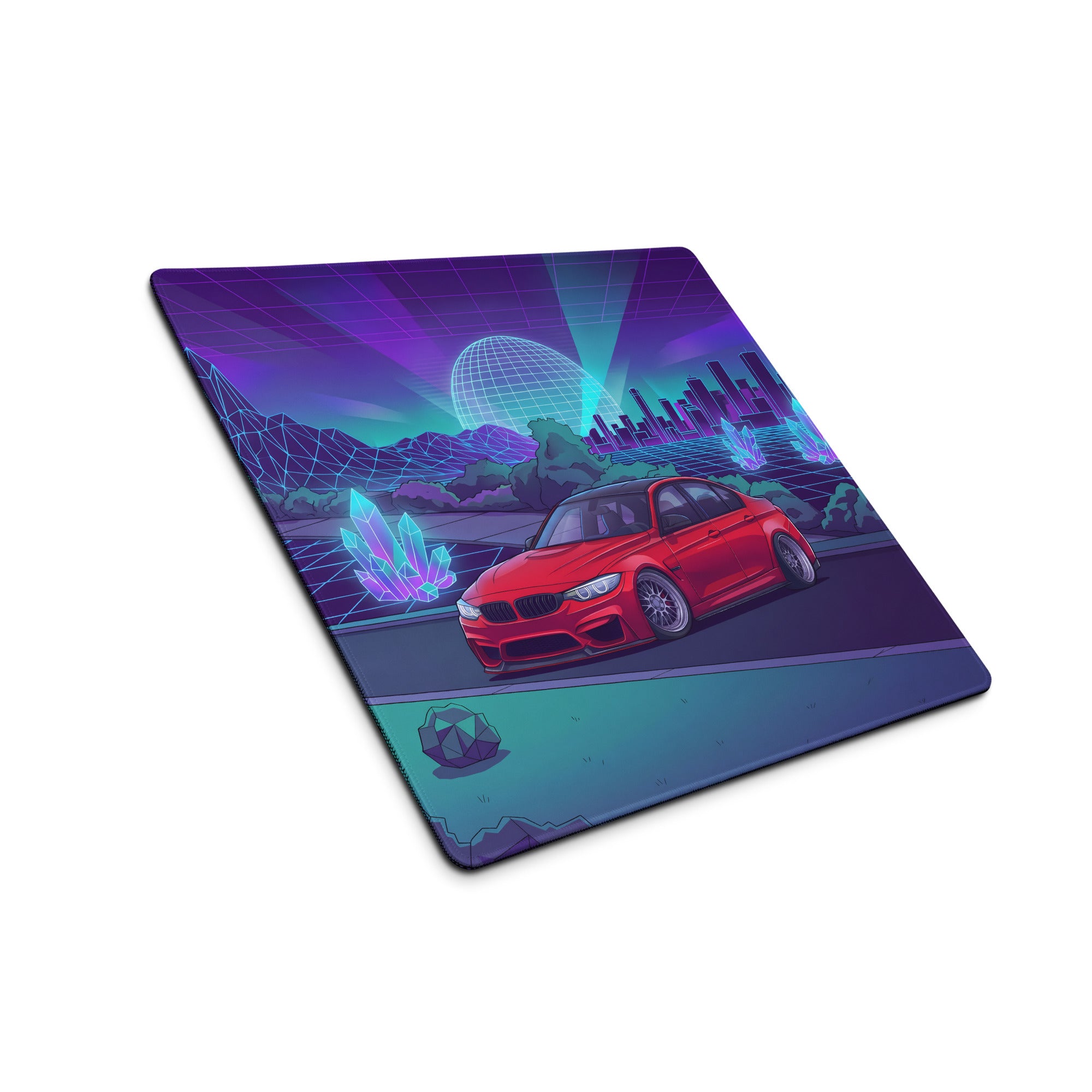 BMW M3 F80 Inspired Red Purple Vaporwave Gaming Mouse Pad, Neon Sports Sedan Desk Mat with Retro Futuristic Crystal City Artwork