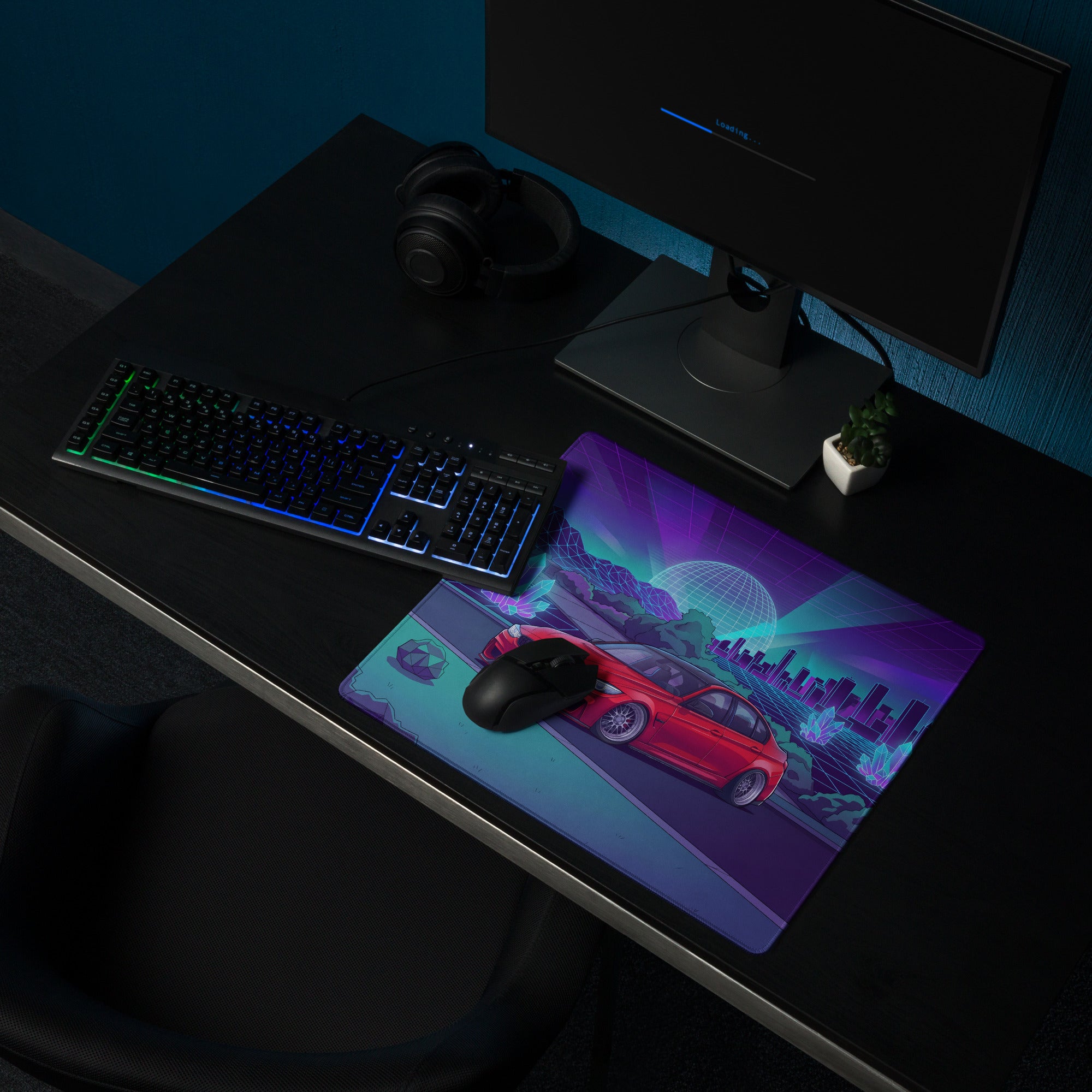 BMW M3 F80 Inspired Red Purple Vaporwave Gaming Mouse Pad, Neon Sports Sedan Desk Mat with Retro Futuristic Crystal City Artwork