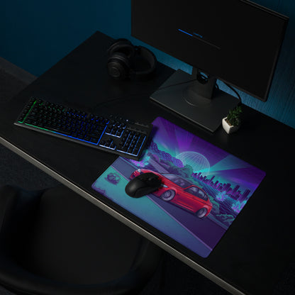 BMW M3 F80 Inspired Red Purple Vaporwave Gaming Mouse Pad, Neon Sports Sedan Desk Mat with Retro Futuristic Crystal City Artwork
