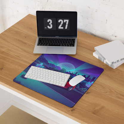 BMW M3 F80 Inspired Red Purple Vaporwave Gaming Mouse Pad, Neon Sports Sedan Desk Mat with Retro Futuristic Crystal City Artwork