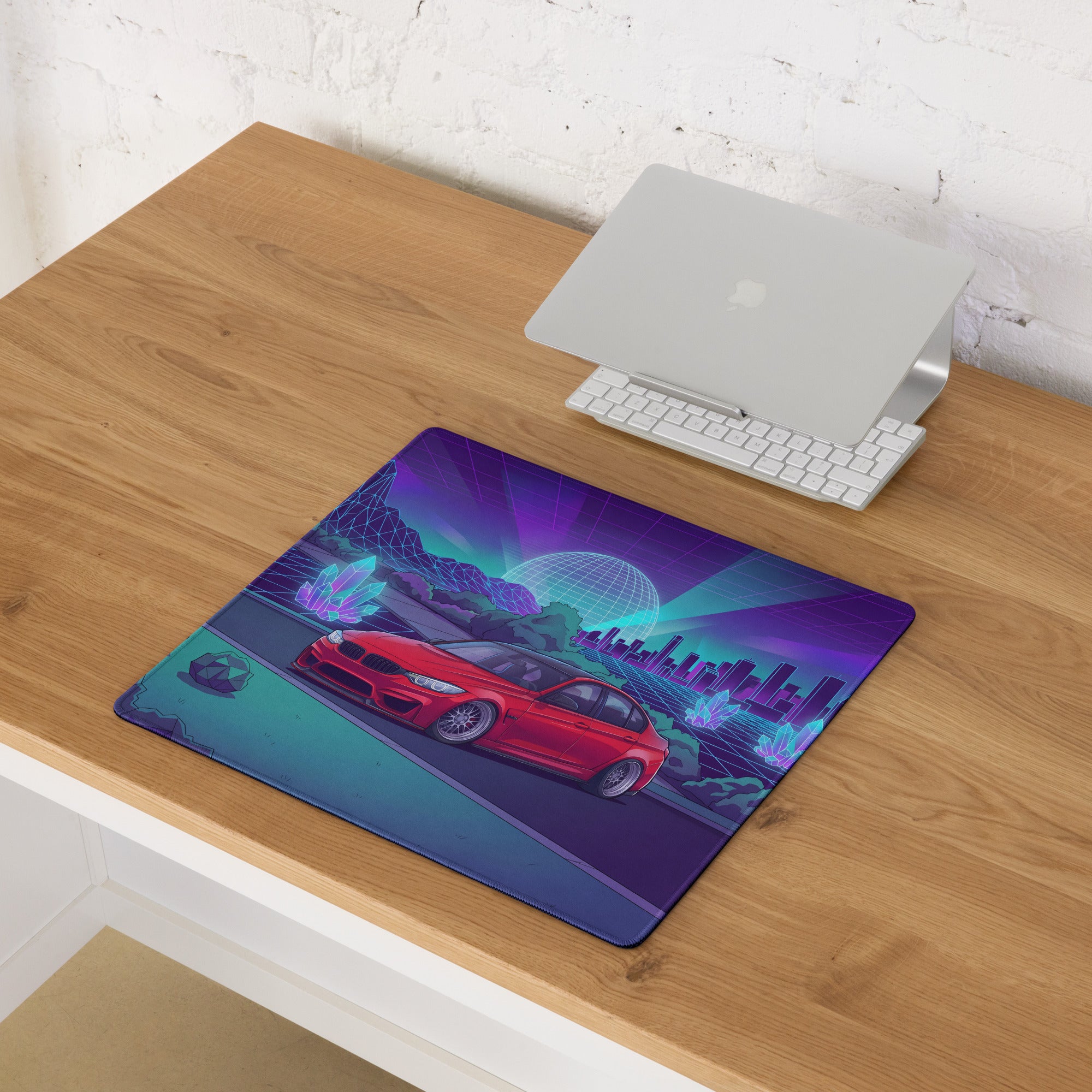 BMW M3 F80 Inspired Red Purple Vaporwave Gaming Mouse Pad, Neon Sports Sedan Desk Mat with Retro Futuristic Crystal City Artwork