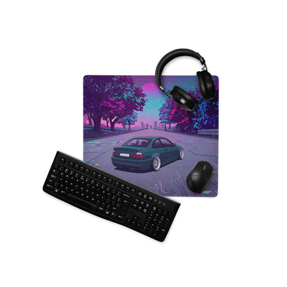 BMW M3 E46 Inspired Teal Purple Vaporwave Gaming Mouse Pad, Retro Sports Coupe Desk Mat with Neon Cyberpunk Sunset Road Artwork