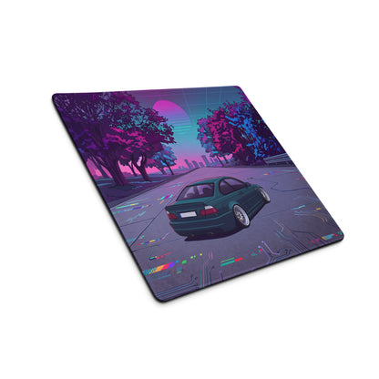 BMW M3 E46 Inspired Teal Purple Vaporwave Gaming Mouse Pad, Retro Sports Coupe Desk Mat with Neon Cyberpunk Sunset Road Artwork