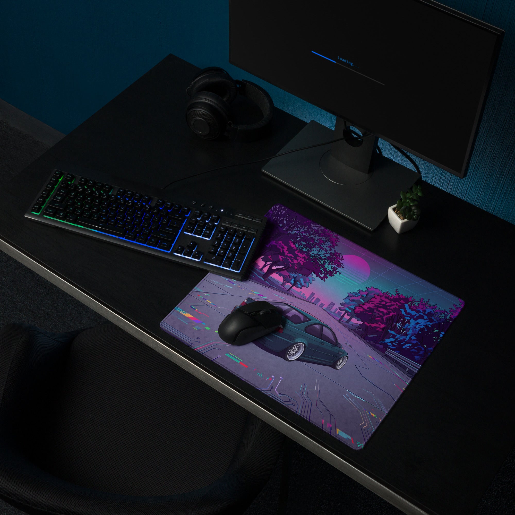 BMW M3 E46 Inspired Teal Purple Vaporwave Gaming Mouse Pad, Retro Sports Coupe Desk Mat with Neon Cyberpunk Sunset Road Artwork