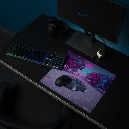 BMW M3 E46 Inspired Teal Purple Vaporwave Gaming Mouse Pad, Retro Sports Coupe Desk Mat with Neon Cyberpunk Sunset Road Artwork