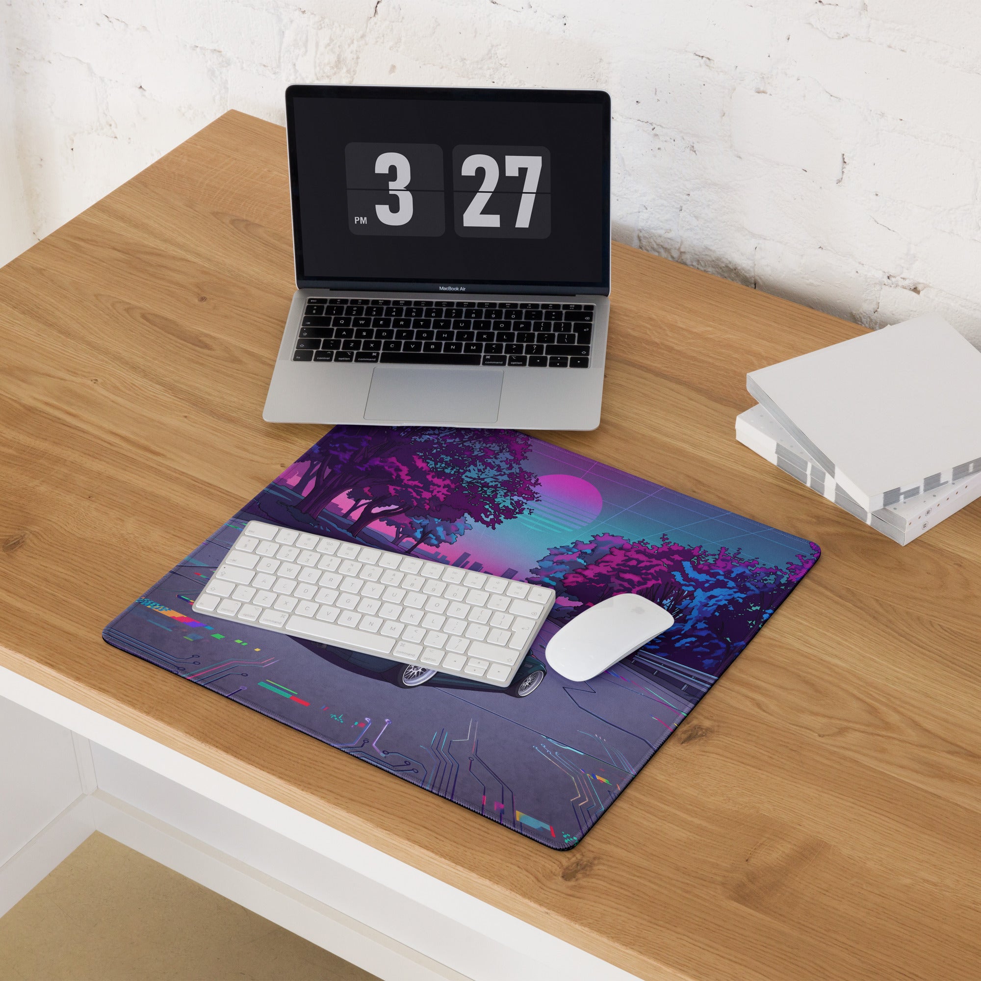 BMW M3 E46 Inspired Teal Purple Vaporwave Gaming Mouse Pad, Retro Sports Coupe Desk Mat with Neon Cyberpunk Sunset Road Artwork
