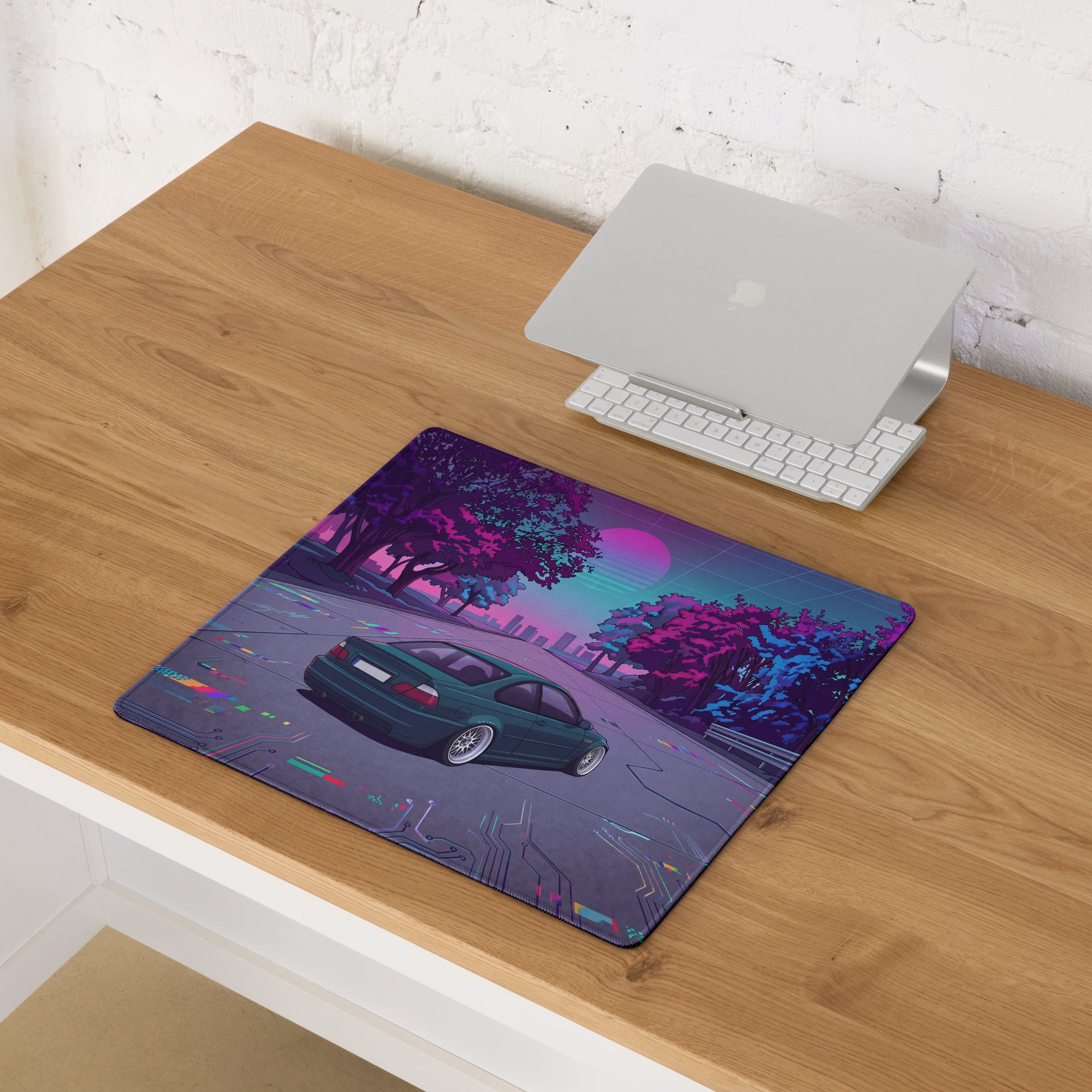 BMW M3 E46 Inspired Teal Purple Vaporwave Gaming Mouse Pad, Retro Sports Coupe Desk Mat with Neon Cyberpunk Sunset Road Artwork