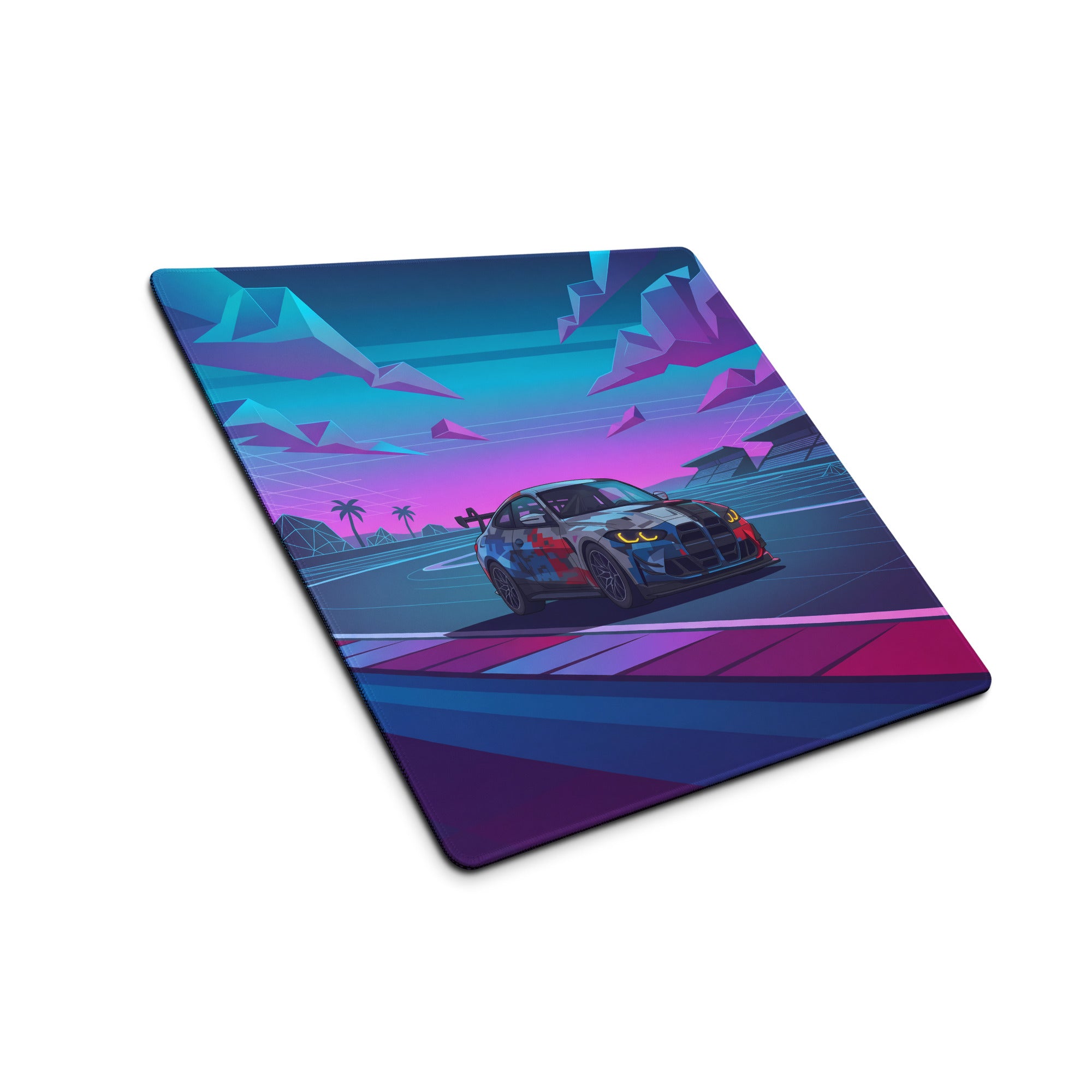 BMW M4 GT3 Inspired Blue Pink Vaporwave Gaming Mouse Pad, Neon Race Car Desk Mat with Retro Futuristic Mountain Highway Artwork