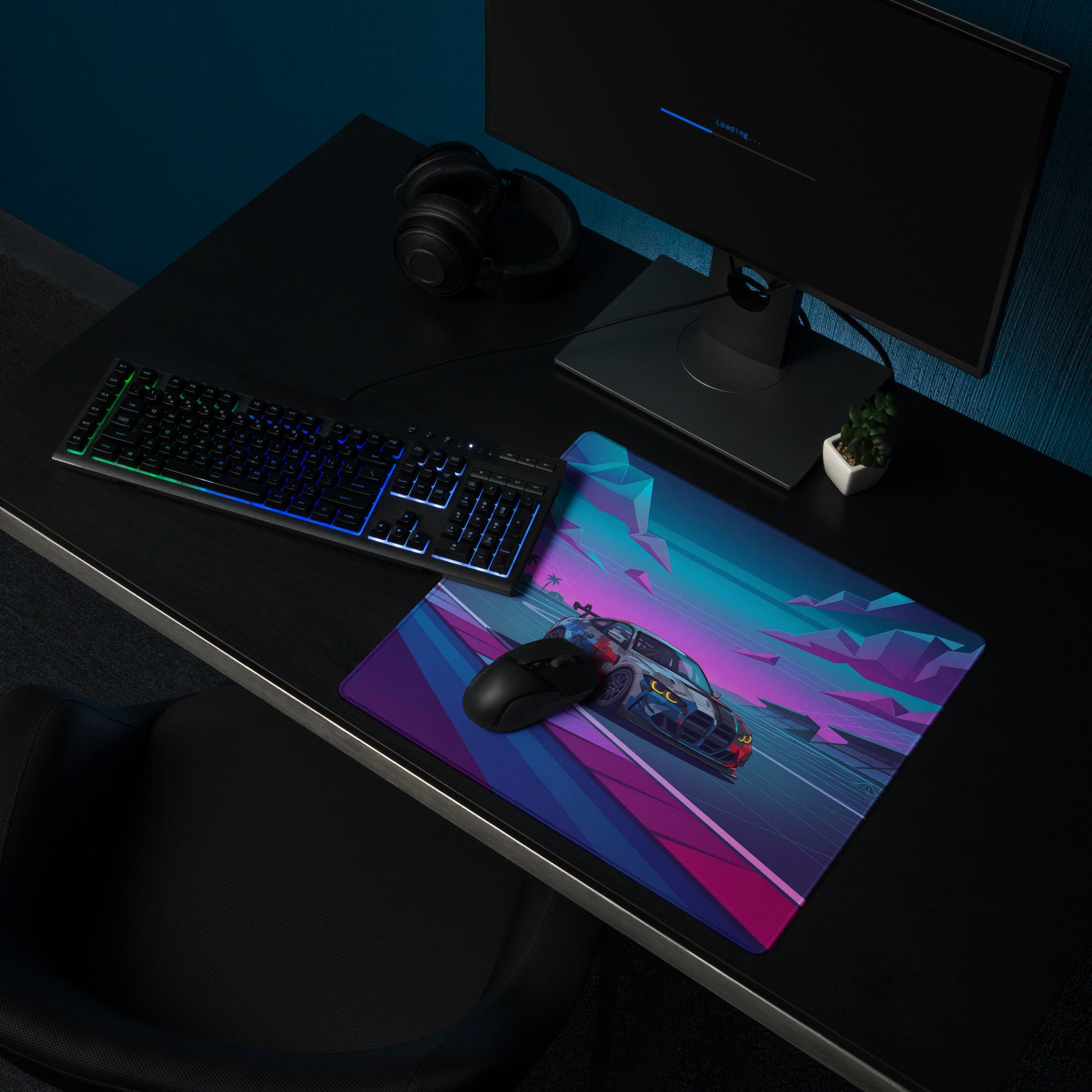 BMW M4 GT3 Inspired Blue Pink Vaporwave Gaming Mouse Pad, Neon Race Car Desk Mat with Retro Futuristic Mountain Highway Artwork