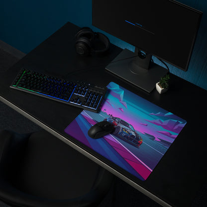 BMW M4 GT3 Inspired Blue Pink Vaporwave Gaming Mouse Pad, Neon Race Car Desk Mat with Retro Futuristic Mountain Highway Artwork