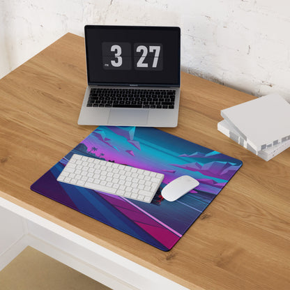 BMW M4 GT3 Inspired Blue Pink Vaporwave Gaming Mouse Pad, Neon Race Car Desk Mat with Retro Futuristic Mountain Highway Artwork