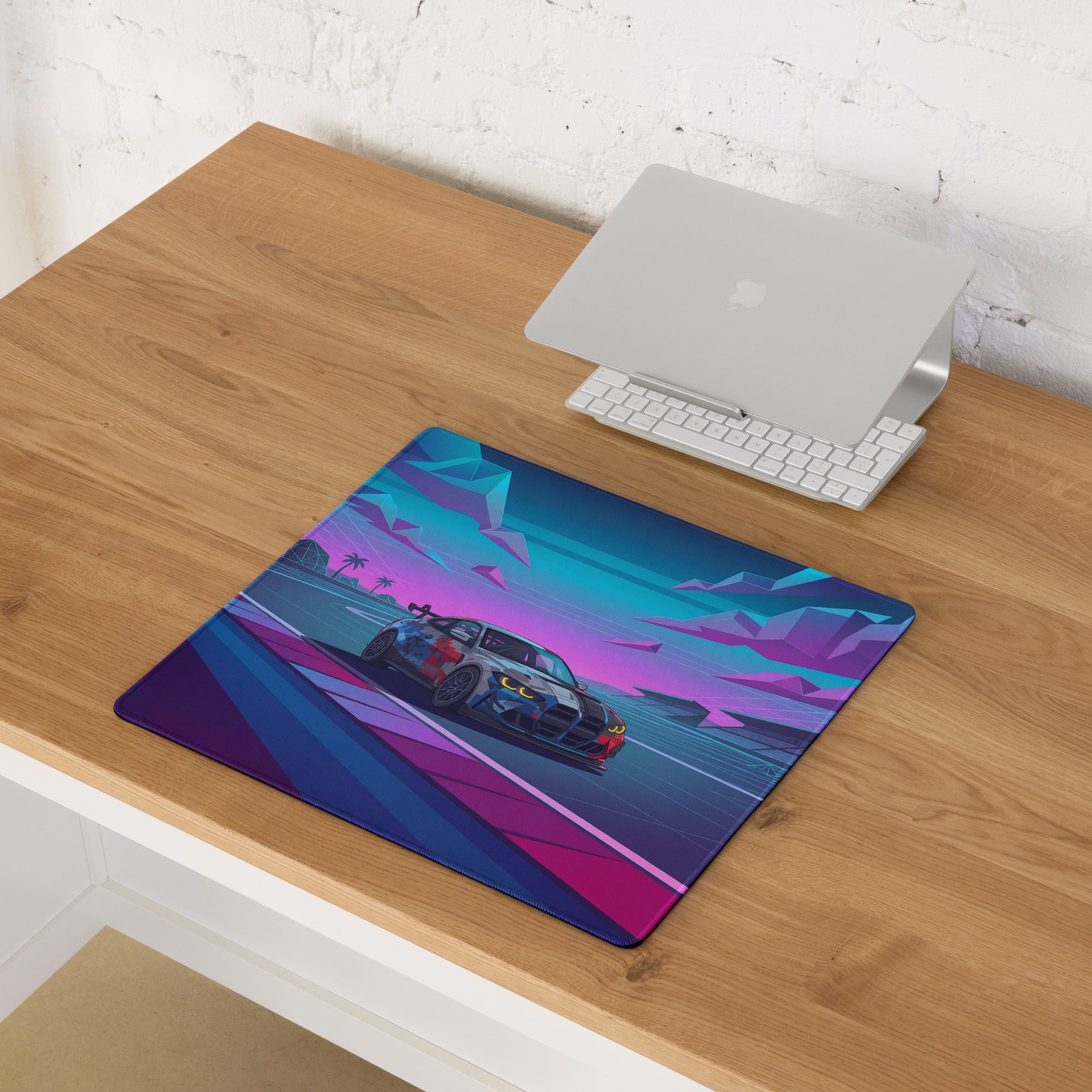 BMW M4 GT3 Inspired Blue Pink Vaporwave Gaming Mouse Pad, Neon Race Car Desk Mat with Retro Futuristic Mountain Highway Artwork