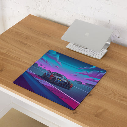 BMW M4 GT3 Inspired Blue Pink Vaporwave Gaming Mouse Pad, Neon Race Car Desk Mat with Retro Futuristic Mountain Highway Artwork
