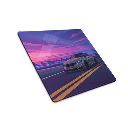 BMW M4 F82 Inspired Silver Purple Vaporwave Gaming Mouse Pad, Neon Sports Coupe Desk Mat with Retro Futuristic Sunset Highway Artwork
