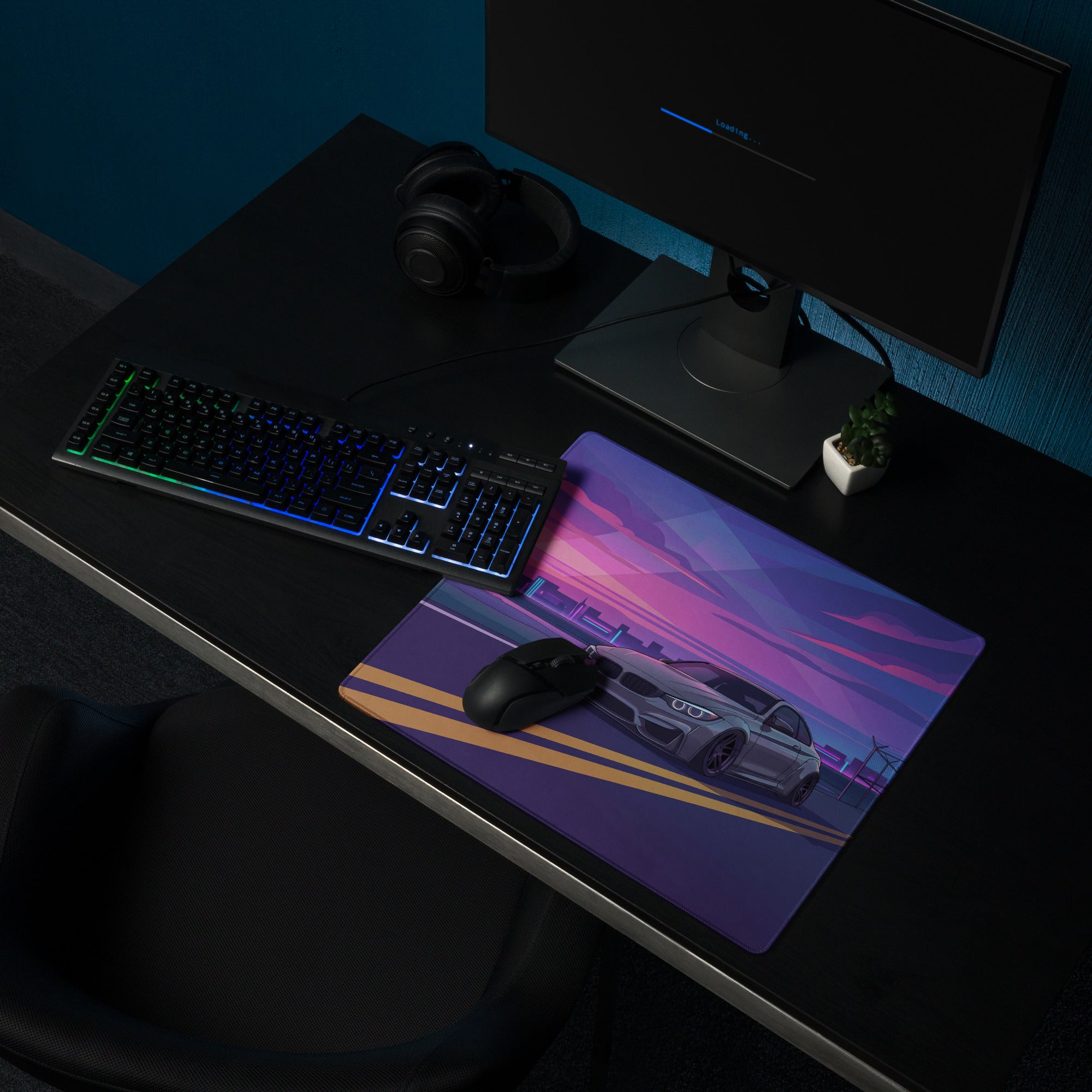 BMW M4 F82 Inspired Silver Purple Vaporwave Gaming Mouse Pad, Neon Sports Coupe Desk Mat with Retro Futuristic Sunset Highway Artwork