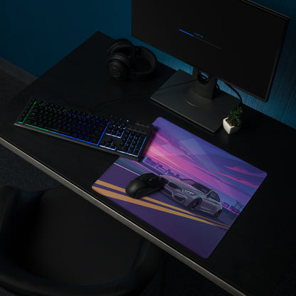 BMW M4 F82 Inspired Silver Purple Vaporwave Gaming Mouse Pad, Neon Sports Coupe Desk Mat with Retro Futuristic Sunset Highway Artwork
