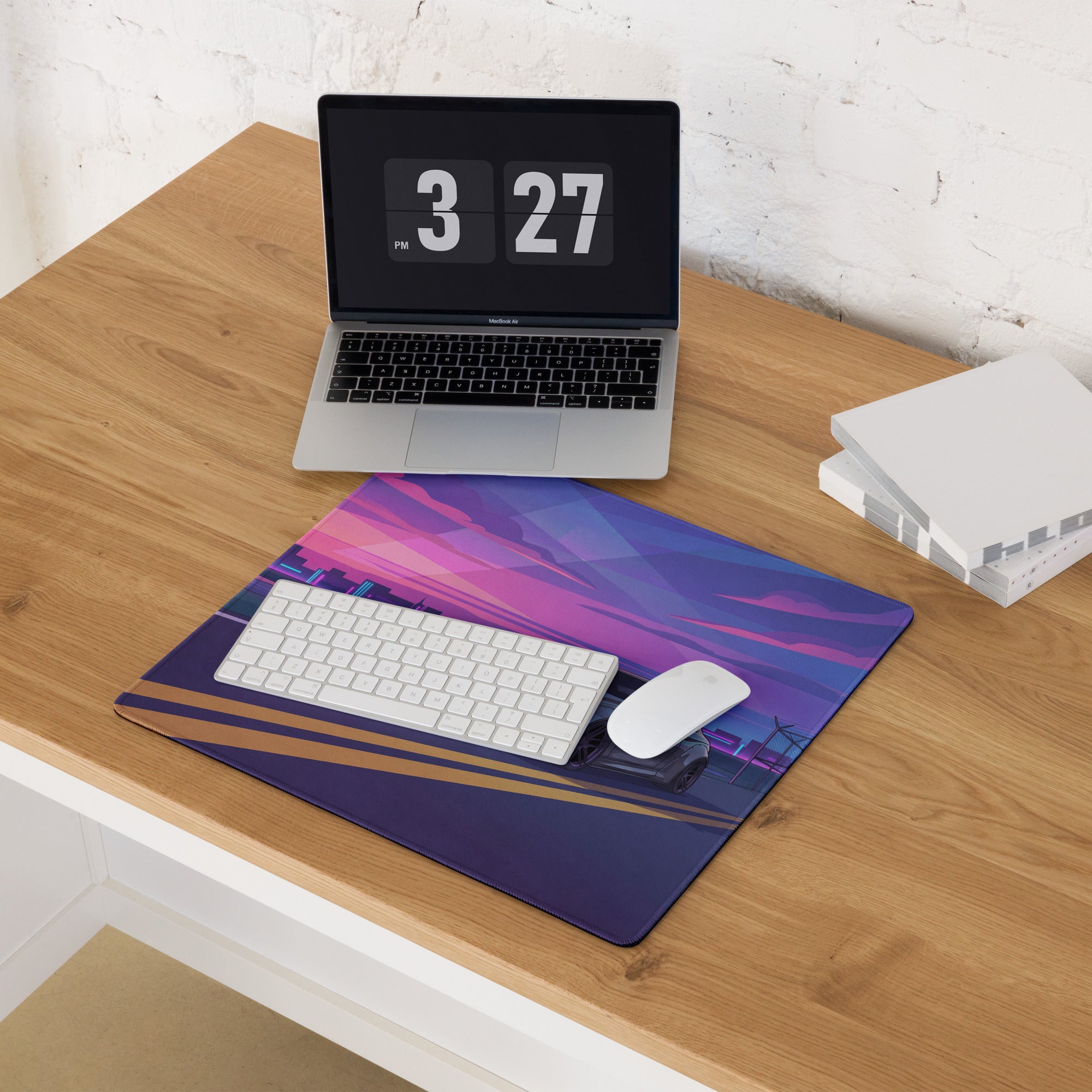 BMW M4 F82 Inspired Silver Purple Vaporwave Gaming Mouse Pad, Neon Sports Coupe Desk Mat with Retro Futuristic Sunset Highway Artwork