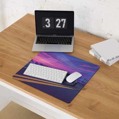 BMW M4 F82 Inspired Silver Purple Vaporwave Gaming Mouse Pad, Neon Sports Coupe Desk Mat with Retro Futuristic Sunset Highway Artwork