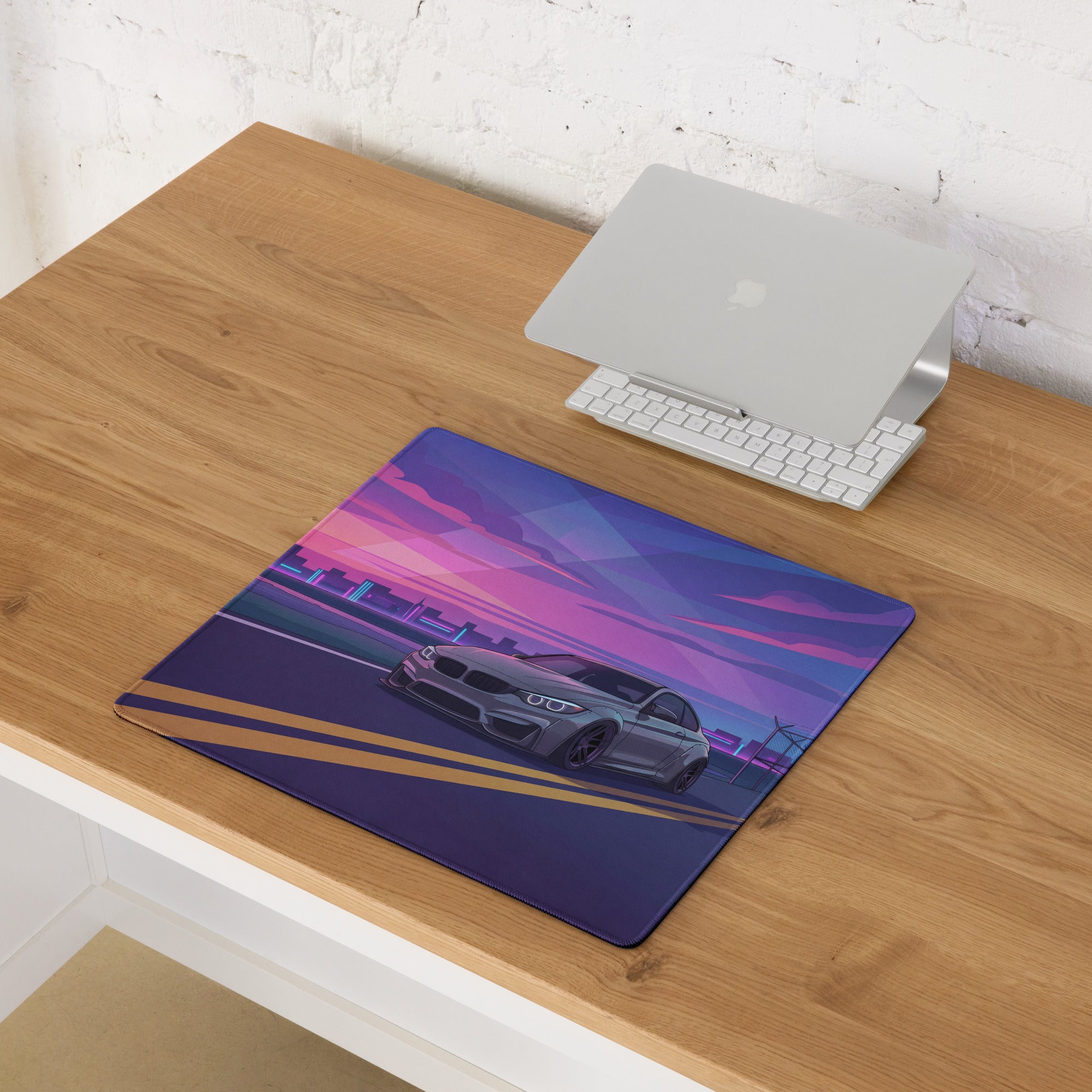 BMW M4 F82 Inspired Silver Purple Vaporwave Gaming Mouse Pad, Neon Sports Coupe Desk Mat with Retro Futuristic Sunset Highway Artwork