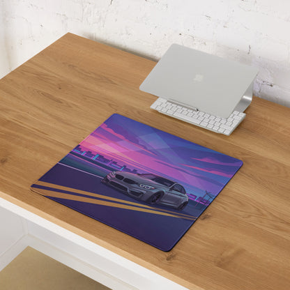 BMW M4 F82 Inspired Silver Purple Vaporwave Gaming Mouse Pad, Neon Sports Coupe Desk Mat with Retro Futuristic Sunset Highway Artwork