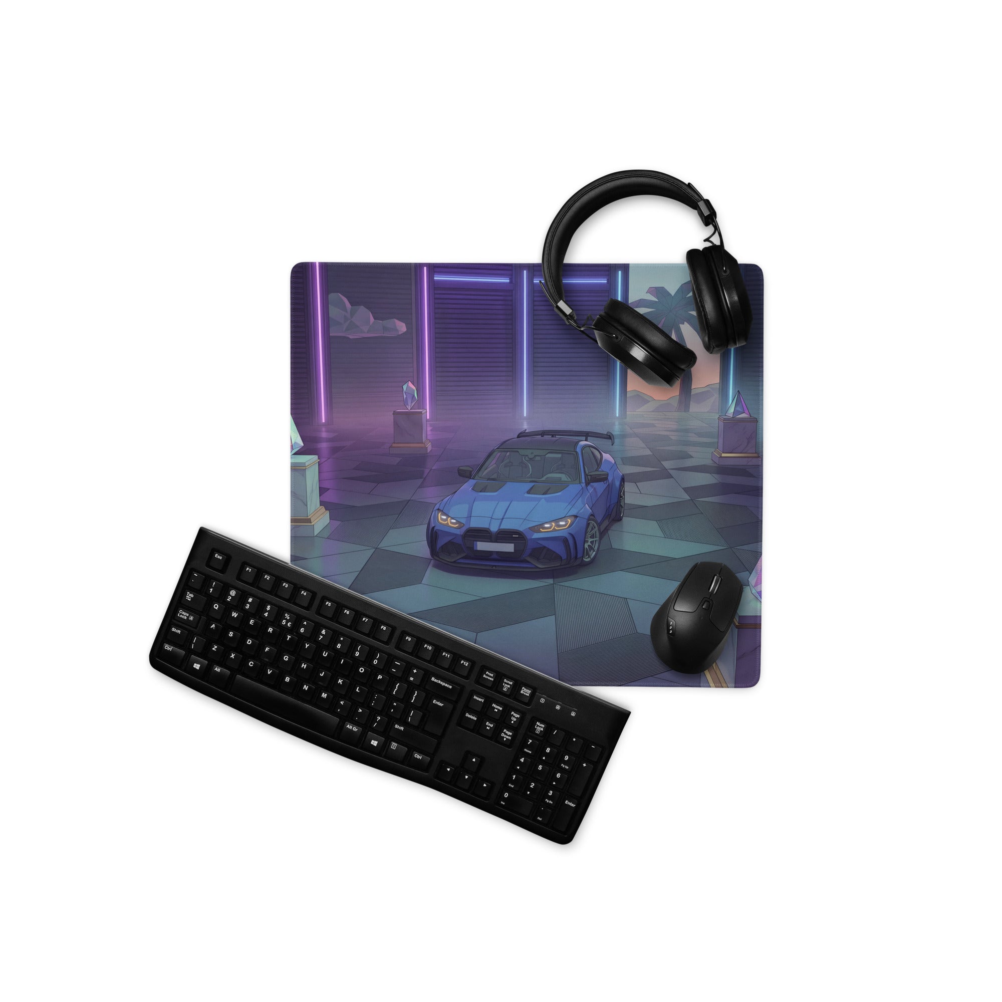 BMW M4 GT3 Inspired Blue Purple Vaporwave Gaming Mouse Pad, Neon Race Car Desk Mat with Retro Futuristic Palm Tree Garage Artwork
