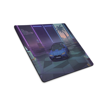 BMW M4 GT3 Inspired Blue Purple Vaporwave Gaming Mouse Pad, Neon Race Car Desk Mat with Retro Futuristic Palm Tree Garage Artwork