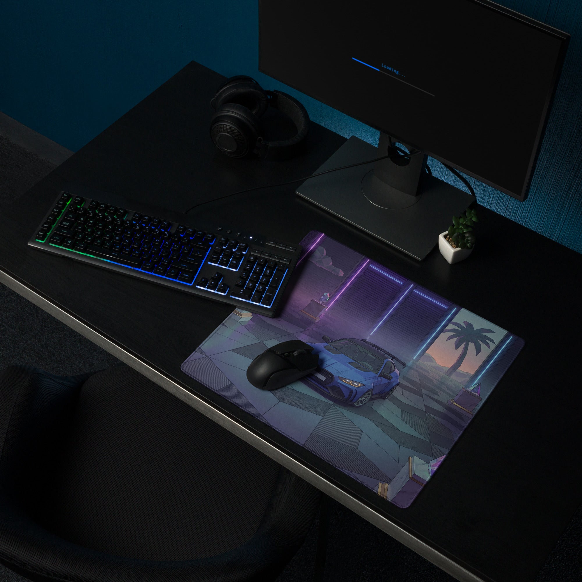 BMW M4 GT3 Inspired Blue Purple Vaporwave Gaming Mouse Pad, Neon Race Car Desk Mat with Retro Futuristic Palm Tree Garage Artwork