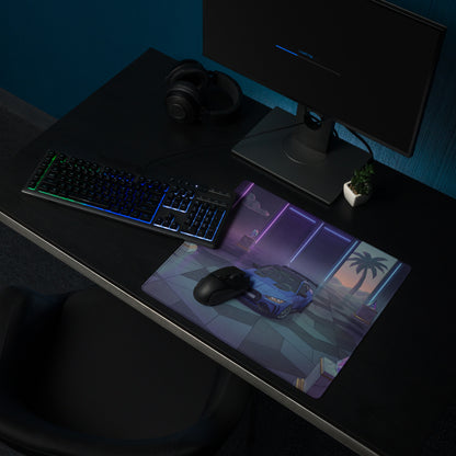 BMW M4 GT3 Inspired Blue Purple Vaporwave Gaming Mouse Pad, Neon Race Car Desk Mat with Retro Futuristic Palm Tree Garage Artwork