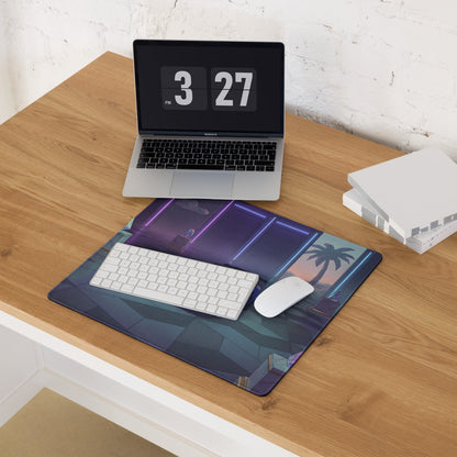 BMW M4 GT3 Inspired Blue Purple Vaporwave Gaming Mouse Pad, Neon Race Car Desk Mat with Retro Futuristic Palm Tree Garage Artwork