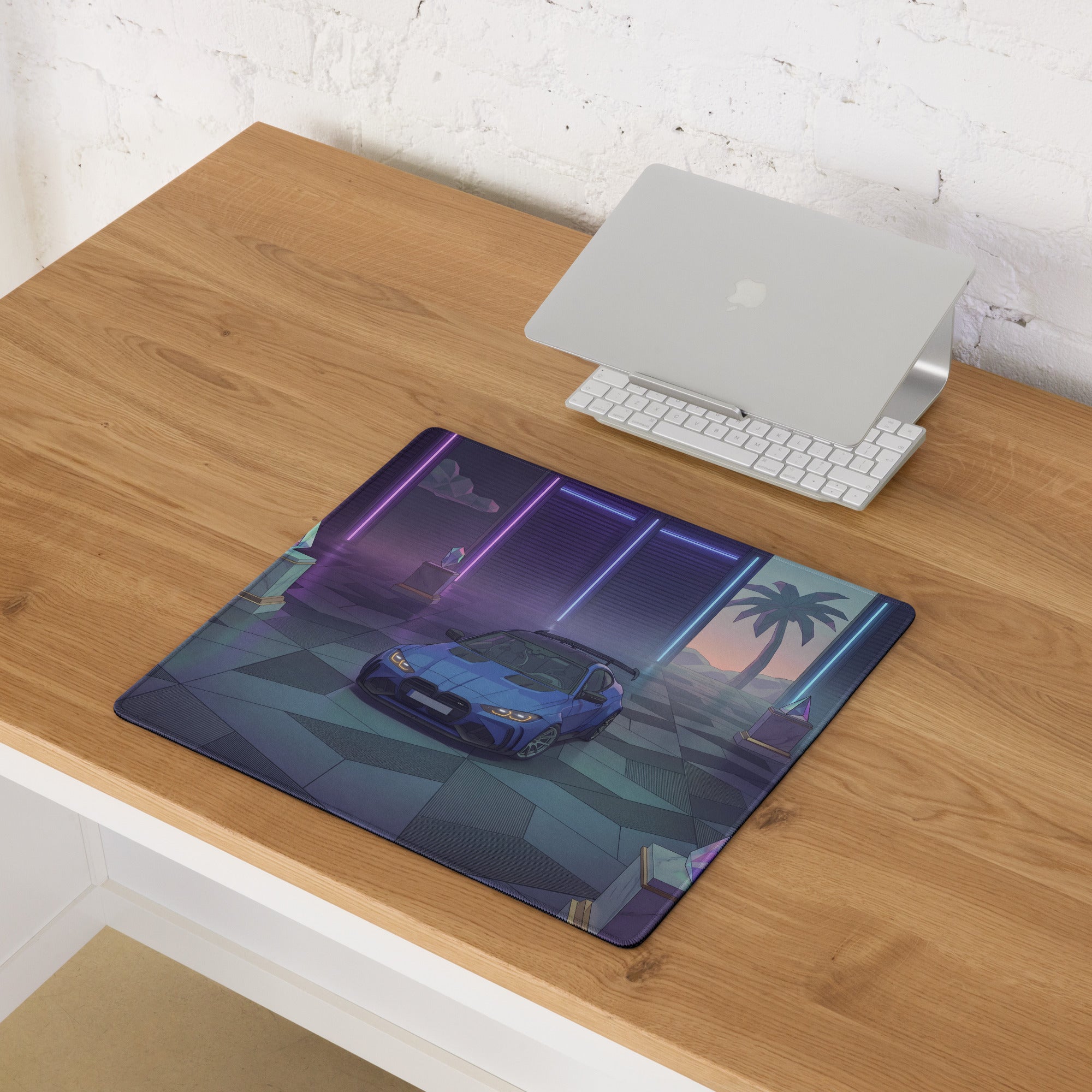 BMW M4 GT3 Inspired Blue Purple Vaporwave Gaming Mouse Pad, Neon Race Car Desk Mat with Retro Futuristic Palm Tree Garage Artwork
