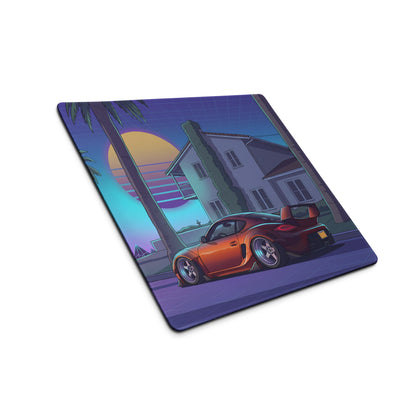 Porsche Cayman Widebody Inspired Orange Purple Vaporwave Gaming Mouse Pad, Neon Sports Car Desk Mat with Retro Futuristic Palm Tree Sunset Artwork