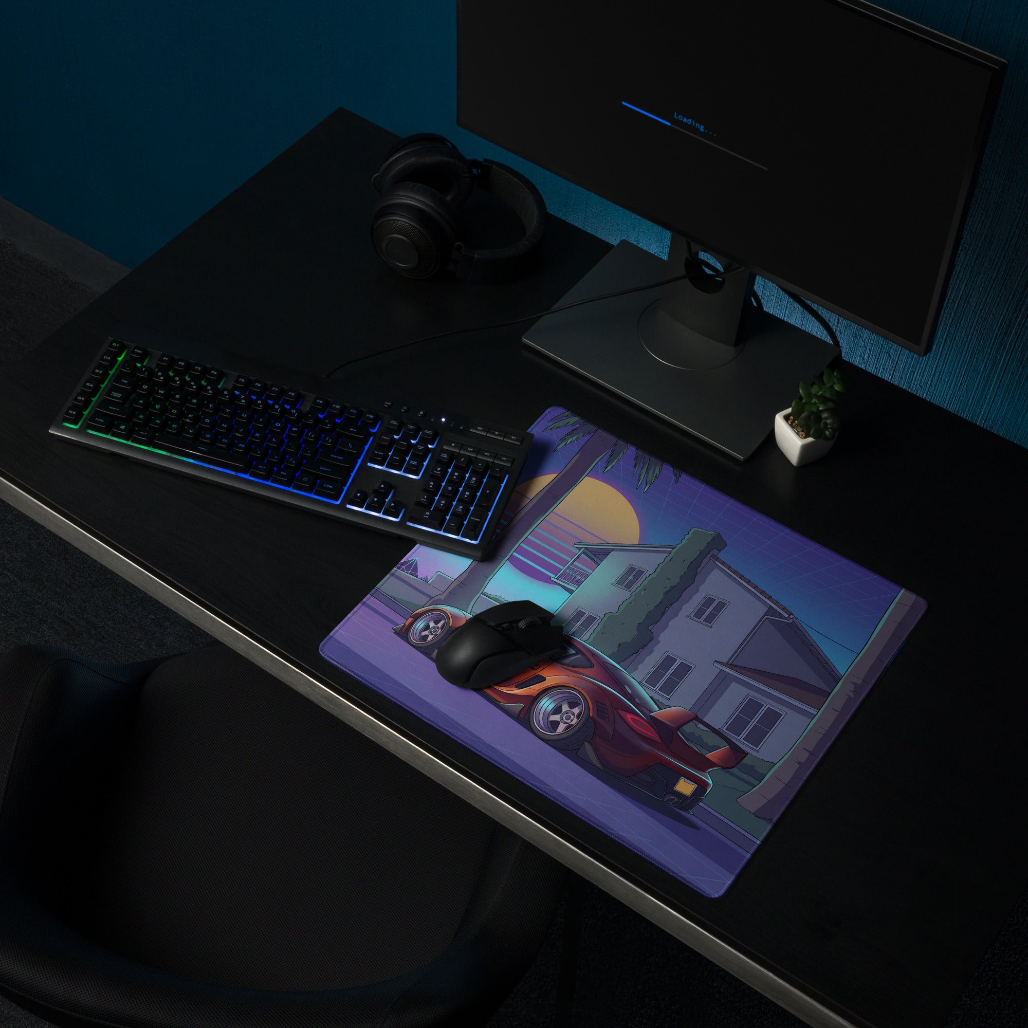 Porsche Cayman Widebody Inspired Orange Purple Vaporwave Gaming Mouse Pad, Neon Sports Car Desk Mat with Retro Futuristic Palm Tree Sunset Artwork