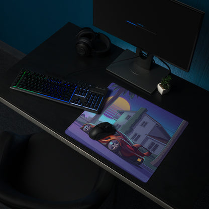 Porsche Cayman Widebody Inspired Orange Purple Vaporwave Gaming Mouse Pad, Neon Sports Car Desk Mat with Retro Futuristic Palm Tree Sunset Artwork
