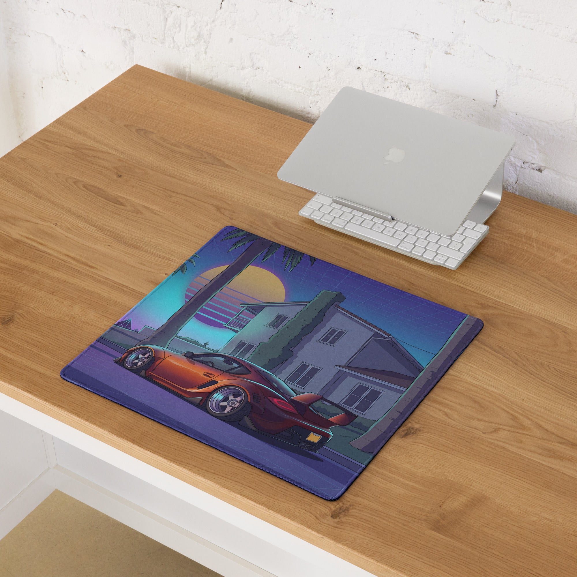 Porsche Cayman Widebody Inspired Orange Purple Vaporwave Gaming Mouse Pad, Neon Sports Car Desk Mat with Retro Futuristic Palm Tree Sunset Artwork