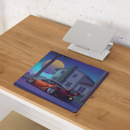 Porsche Cayman Widebody Inspired Orange Purple Vaporwave Gaming Mouse Pad, Neon Sports Car Desk Mat with Retro Futuristic Palm Tree Sunset Artwork