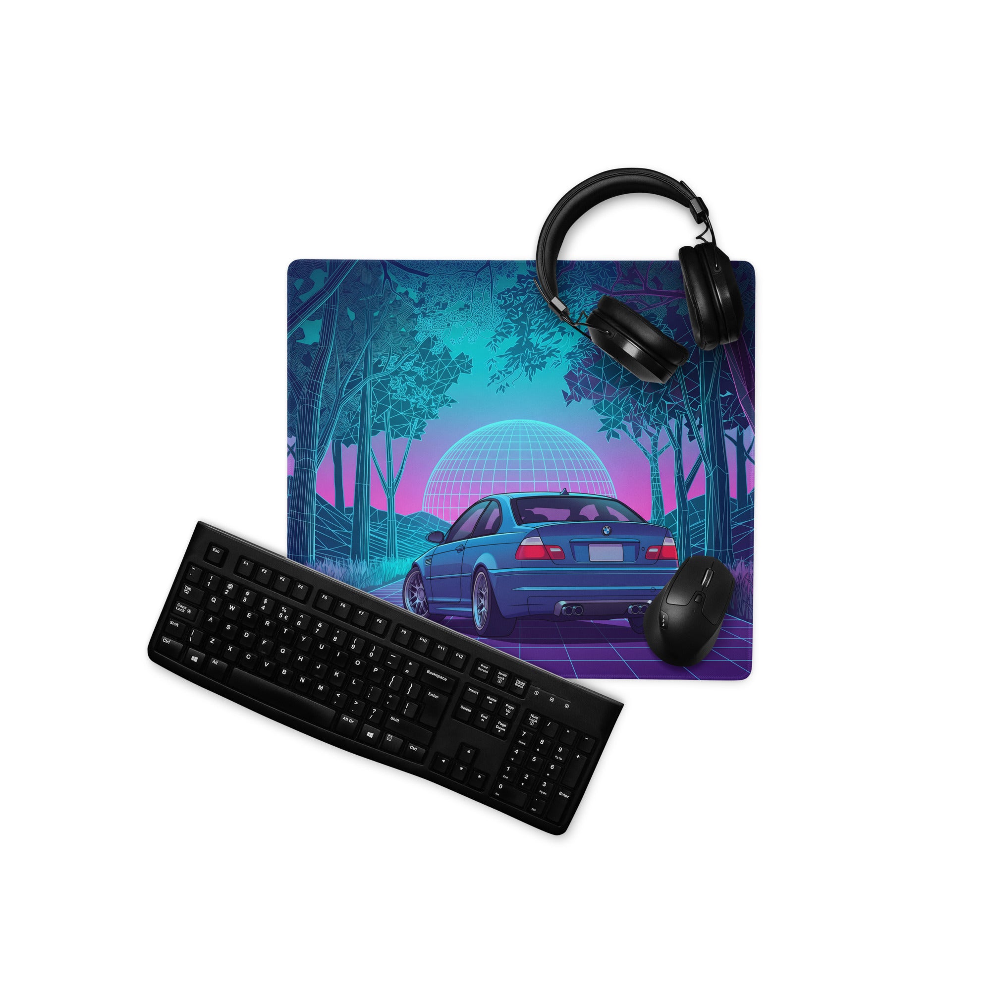BMW M3 E46 Inspired Blue Pink Vaporwave Gaming Mouse Pad, Neon Sports Car Desk Mat with Retro Futuristic Forest Grid Artwork