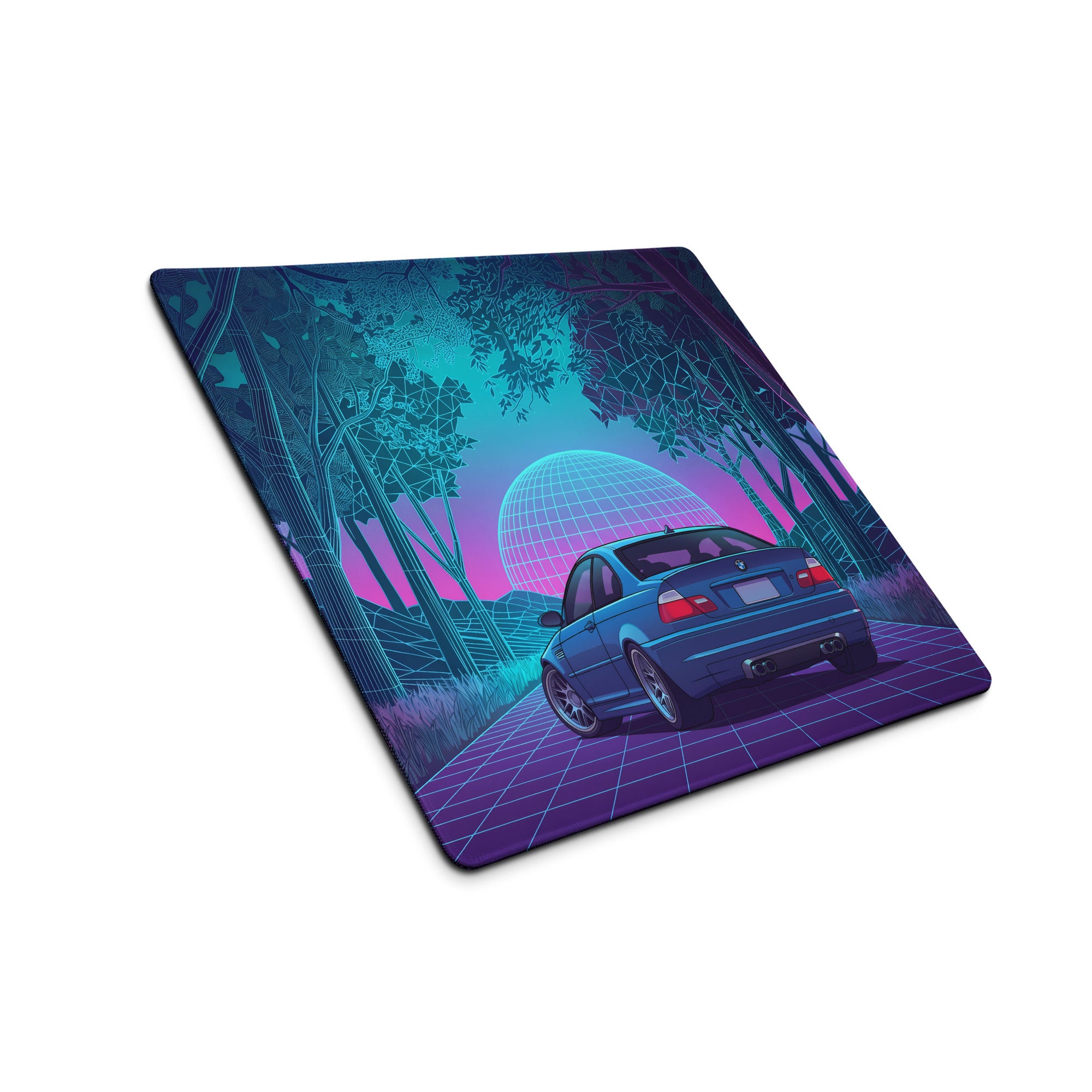 BMW M3 E46 Inspired Blue Pink Vaporwave Gaming Mouse Pad, Neon Sports Car Desk Mat with Retro Futuristic Forest Grid Artwork