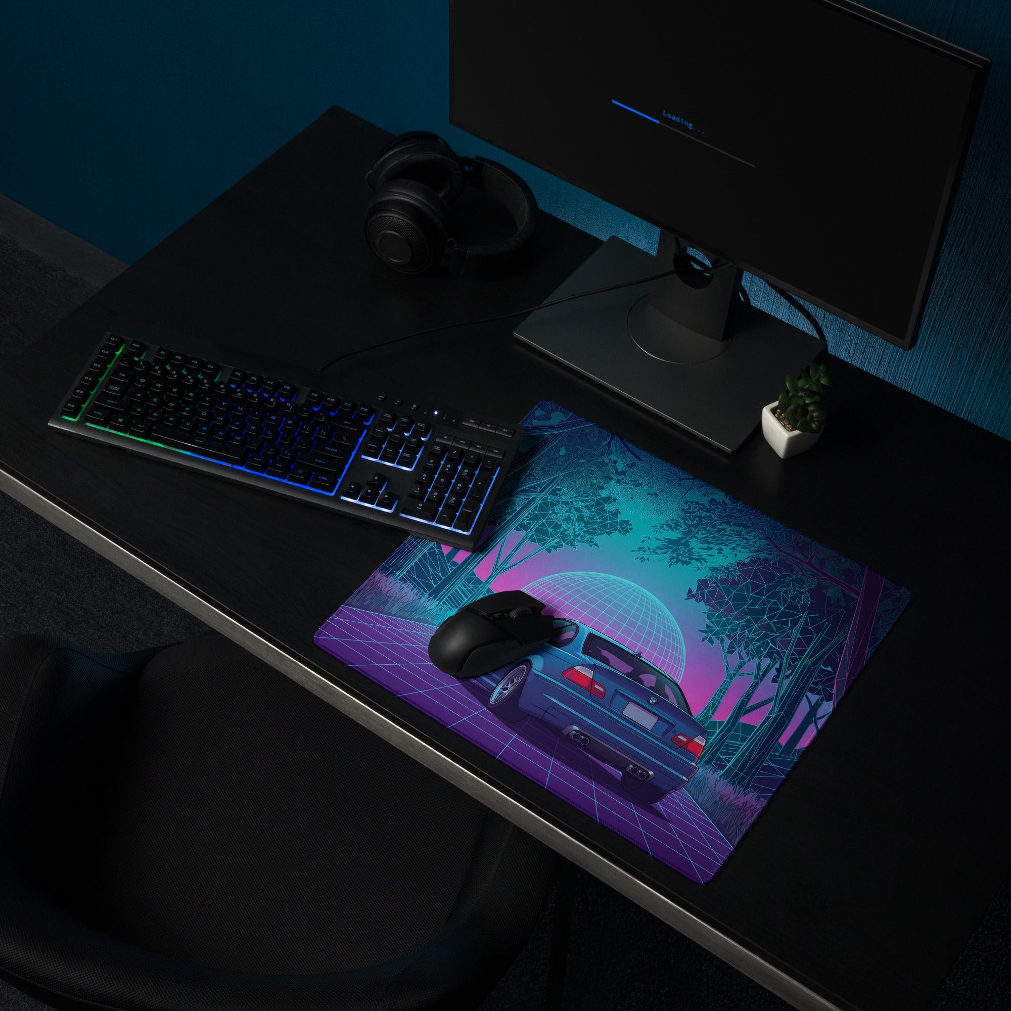 BMW M3 E46 Inspired Blue Pink Vaporwave Gaming Mouse Pad, Neon Sports Car Desk Mat with Retro Futuristic Forest Grid Artwork