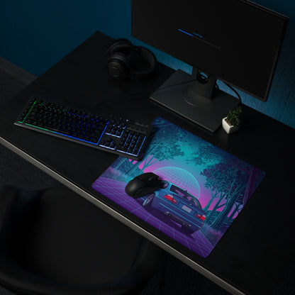 BMW M3 E46 Inspired Blue Pink Vaporwave Gaming Mouse Pad, Neon Sports Car Desk Mat with Retro Futuristic Forest Grid Artwork