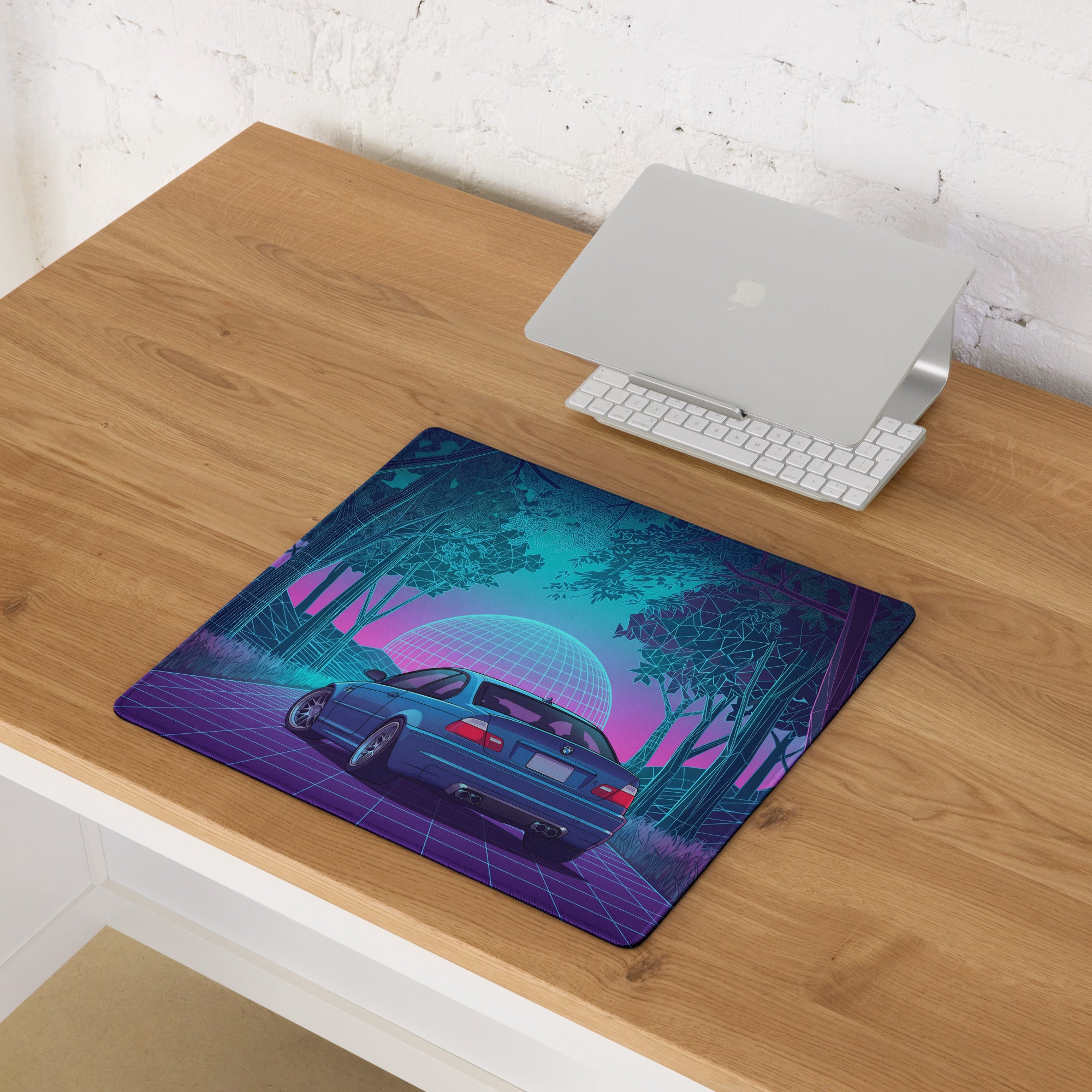 BMW M3 E46 Inspired Blue Pink Vaporwave Gaming Mouse Pad, Neon Sports Car Desk Mat with Retro Futuristic Forest Grid Artwork