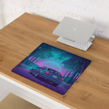 BMW M3 E46 Inspired Blue Pink Vaporwave Gaming Mouse Pad, Neon Sports Car Desk Mat with Retro Futuristic Forest Grid Artwork