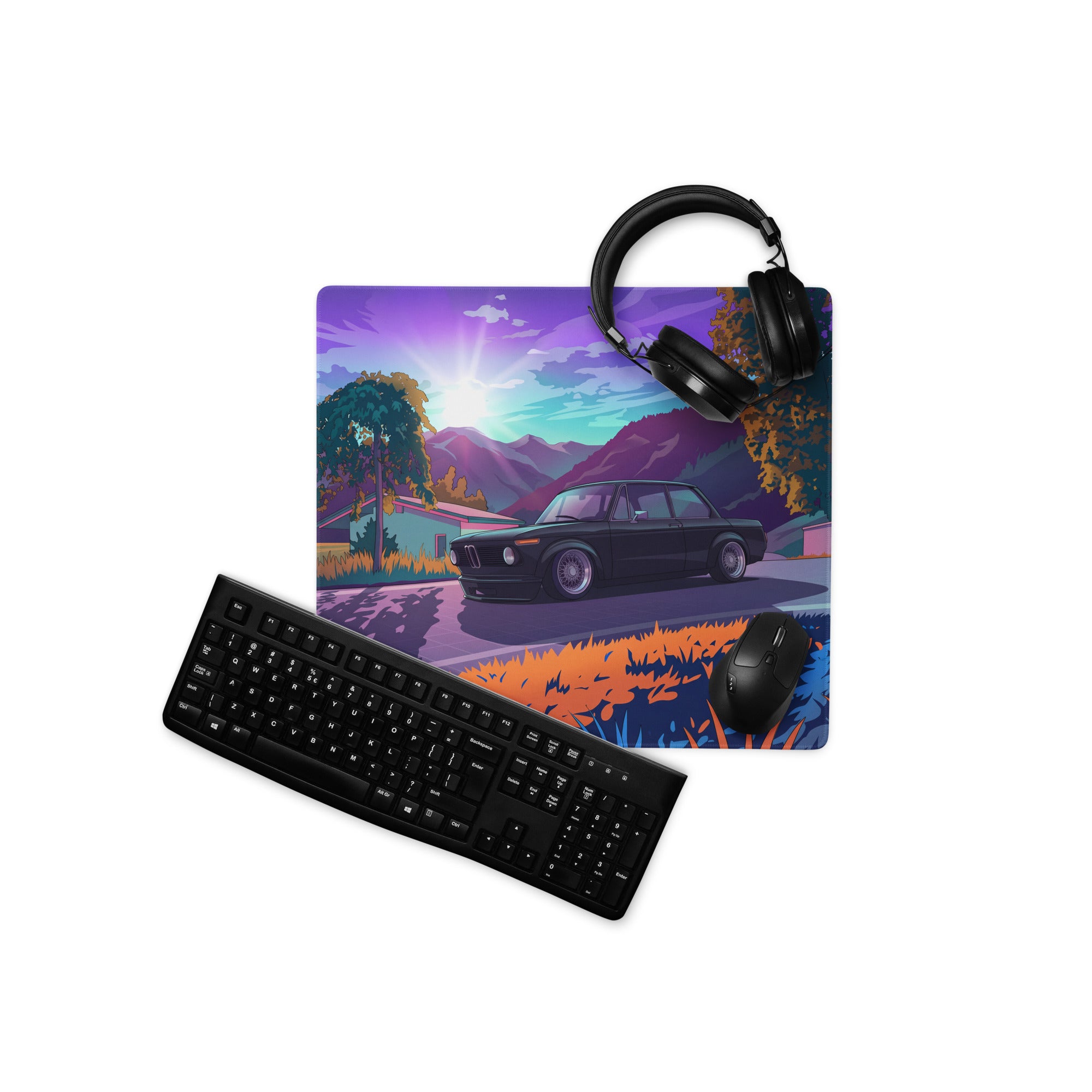 BMW E30 Inspired Black Purple Vaporwave Gaming Mouse Pad, Retro Luxury Sedan Desk Mat with Neon Mountain Landscape Artwork