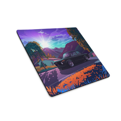 BMW E30 Inspired Black Purple Vaporwave Gaming Mouse Pad, Retro Luxury Sedan Desk Mat with Neon Mountain Landscape Artwork
