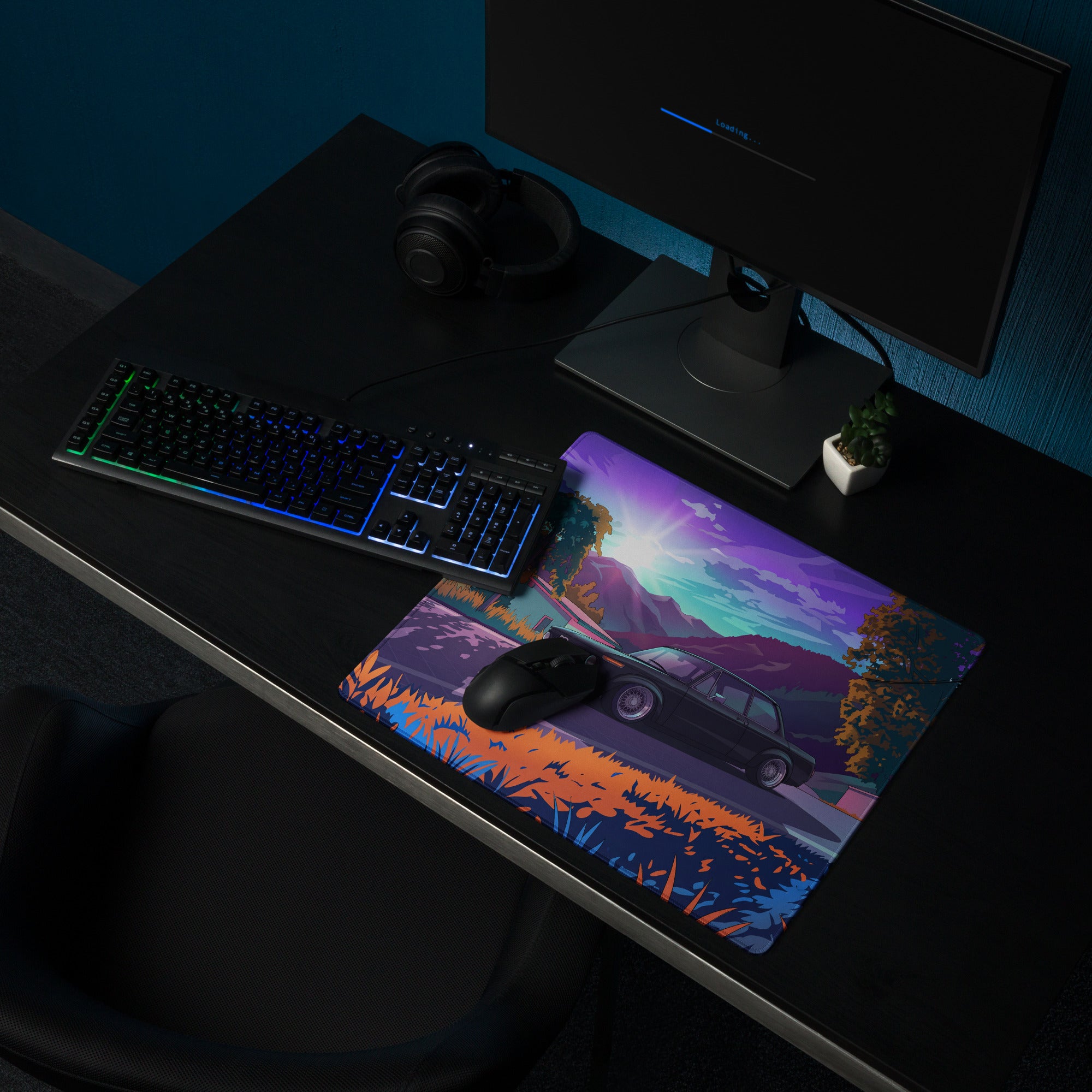 BMW E30 Inspired Black Purple Vaporwave Gaming Mouse Pad, Retro Luxury Sedan Desk Mat with Neon Mountain Landscape Artwork