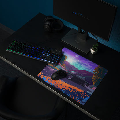 BMW E30 Inspired Black Purple Vaporwave Gaming Mouse Pad, Retro Luxury Sedan Desk Mat with Neon Mountain Landscape Artwork